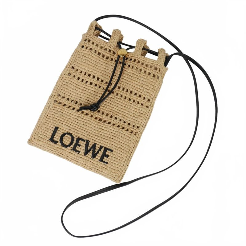 Loewe Draw String Pocket Shoulder Bag Raffia Anagram Crossbody Beige 262507