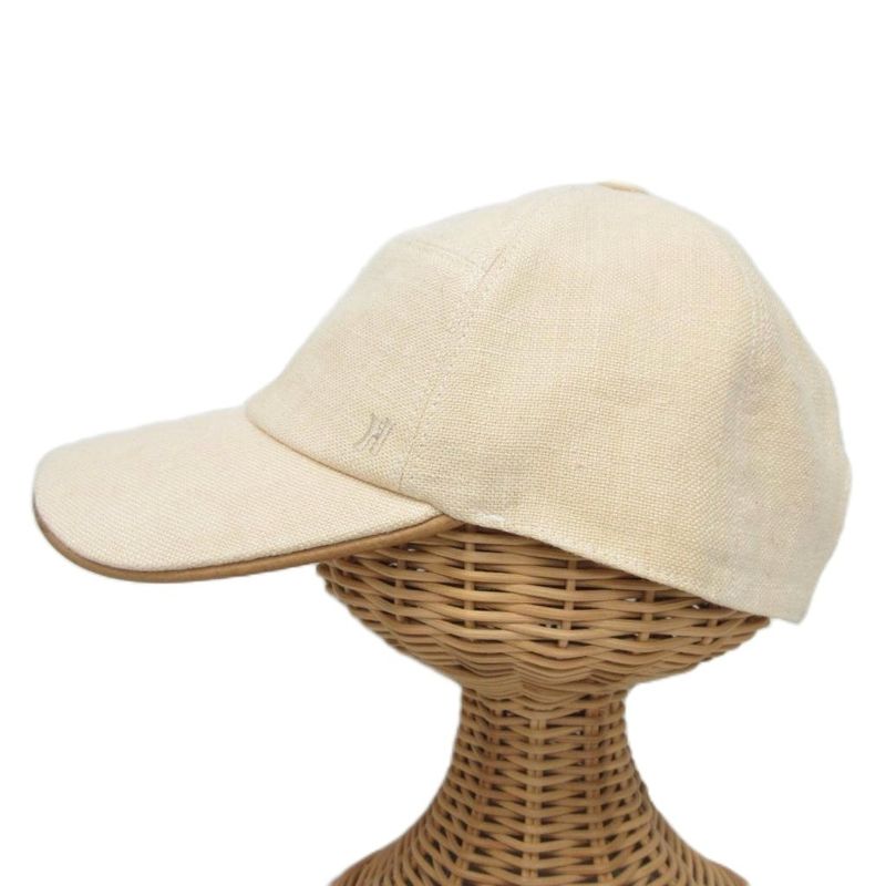 Hermes Linen Canvas Cap Leather Piping Hat H Logo Embroidery 57 Beige Ibo86