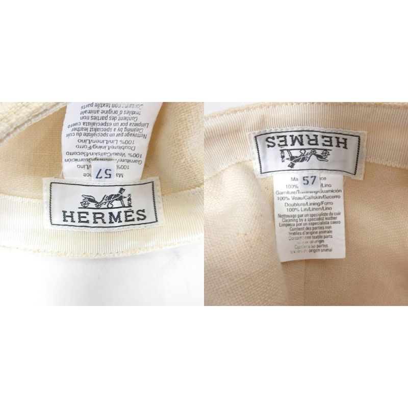Hermes Linen Canvas Cap Leather Piping Hat H Logo Embroidery 57 Beige Ibo86