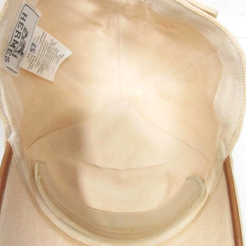 Hermes Linen Canvas Cap Leather Piping Hat H Logo Embroidery 57 Beige Ibo86