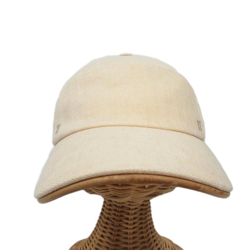 Hermes Linen Canvas Cap Leather Piping Hat H Logo Embroidery 57 Beige Ibo86