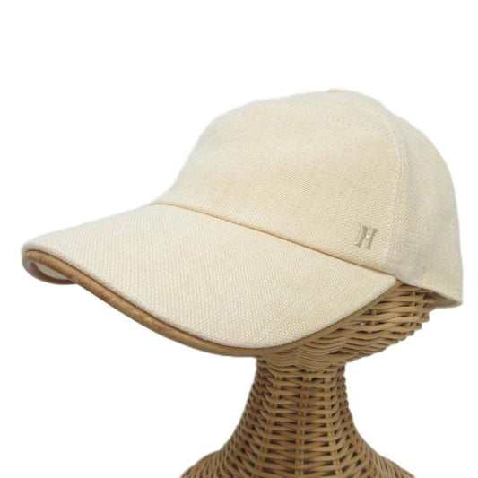 Hermes Linen Canvas Cap Leather Piping Hat H Logo Embroidery 57 Beige Ibo86