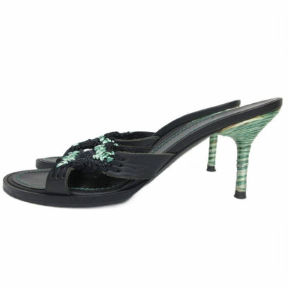 Bottega Veneta Heels Leather Sandals Mules Straw Raffia 37.5 Black Green Ibo86
