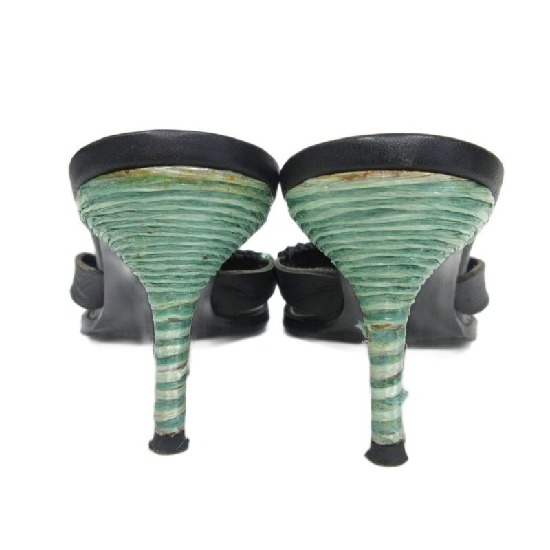 Bottega Veneta Heels Leather Sandals Mules Straw Raffia 37.5 Black Green Ibo86