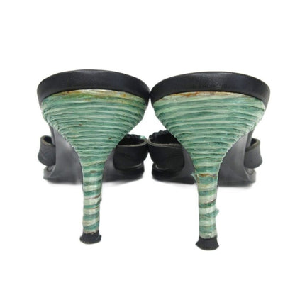 Bottega Veneta Heels Leather Sandals Mules Straw Raffia 37.5 Black Green Ibo86
