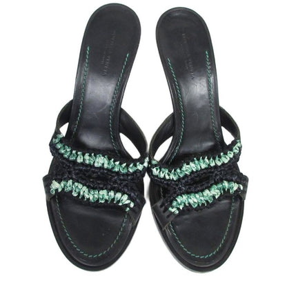 Bottega Veneta Heels Leather Sandals Mules Straw Raffia 37.5 Black Green Ibo86