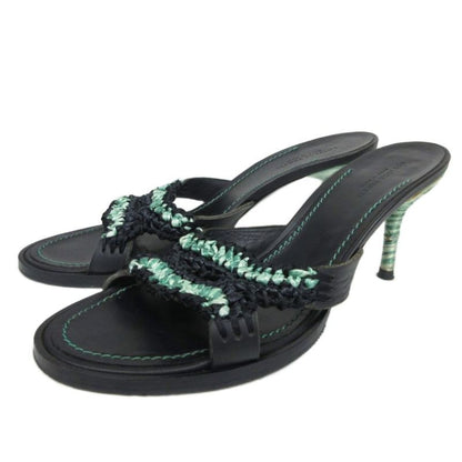 Bottega Veneta Heels Leather Sandals Mules Straw Raffia 37.5 Black Green Ibo86