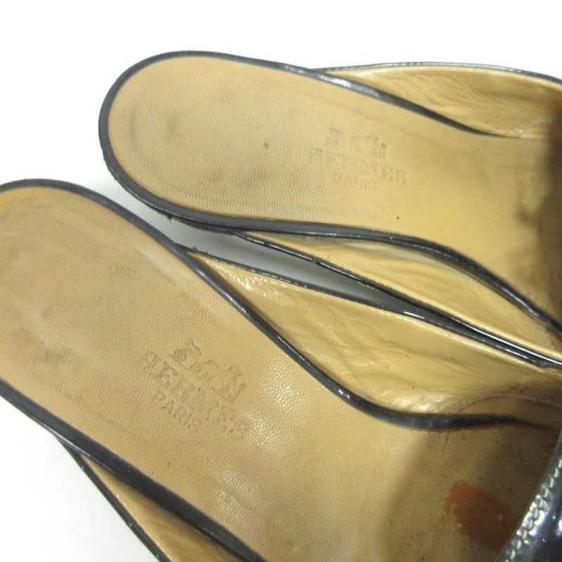 Hermes Moccasin Mules Sandals Heels Patent Leather Lace Up U-Tip Approx 22cm