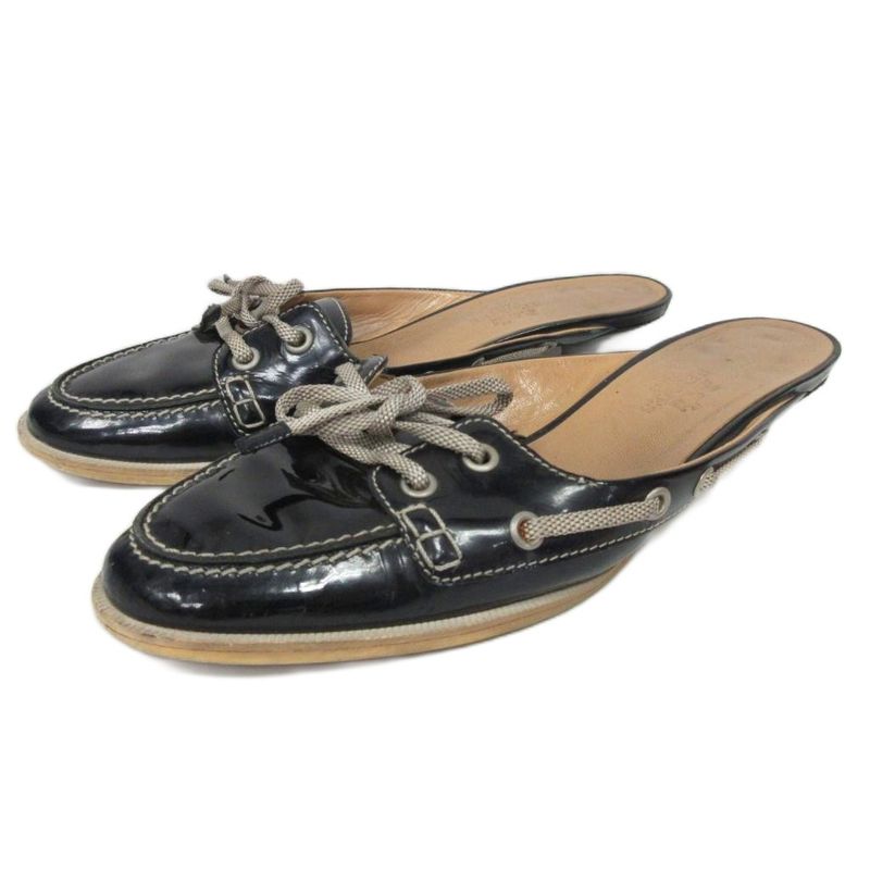 Hermes Moccasin Mules Sandals Heels Patent Leather Lace Up U-Tip Approx 22cm