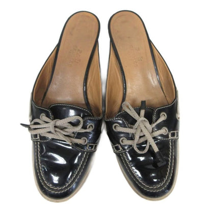 Hermes Moccasin Mules Sandals Heels Patent Leather Lace Up U-Tip Approx 22cm