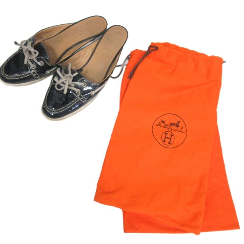 Hermes Moccasin Mules Sandals Heels Patent Leather Lace Up U-Tip Approx 22cm