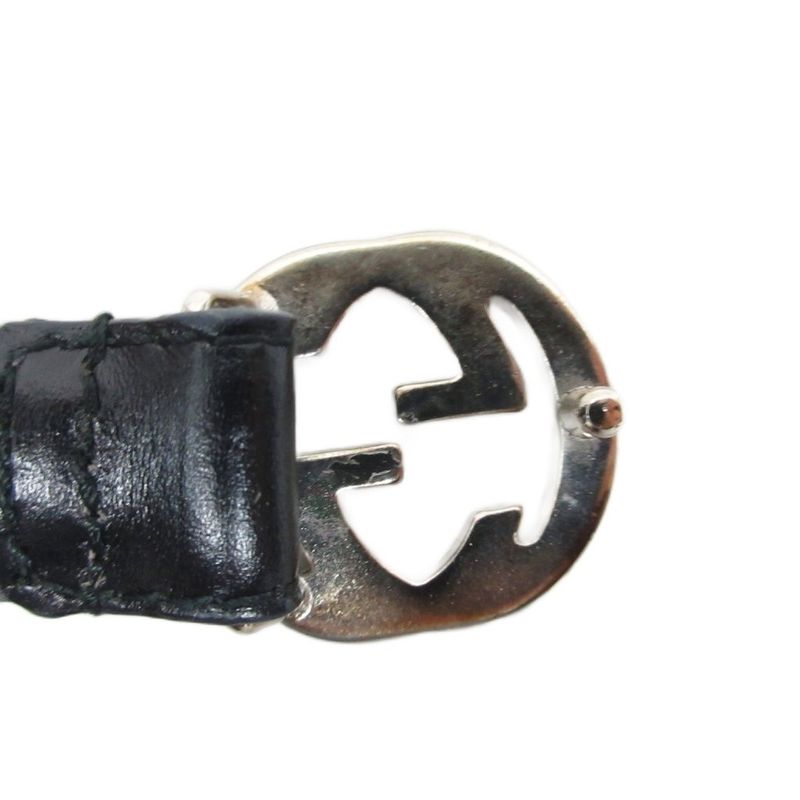 Gucci Interlocking G Narrow Belt Leather G Buckle Silver Hardware Black 036
