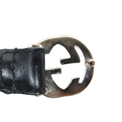 Gucci Interlocking G Narrow Belt Leather G Buckle Silver Hardware Black 036