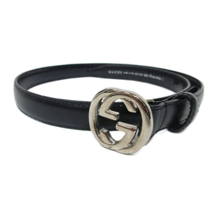 Gucci Interlocking G Narrow Belt Leather G Buckle Silver Hardware Black 036