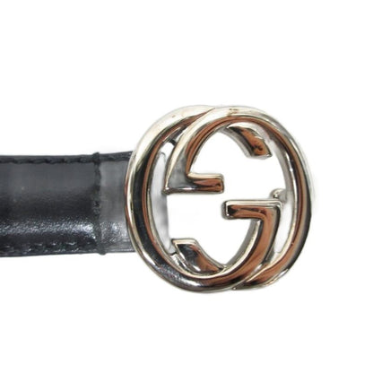Gucci Interlocking G Narrow Belt Leather G Buckle Silver Hardware Black 036