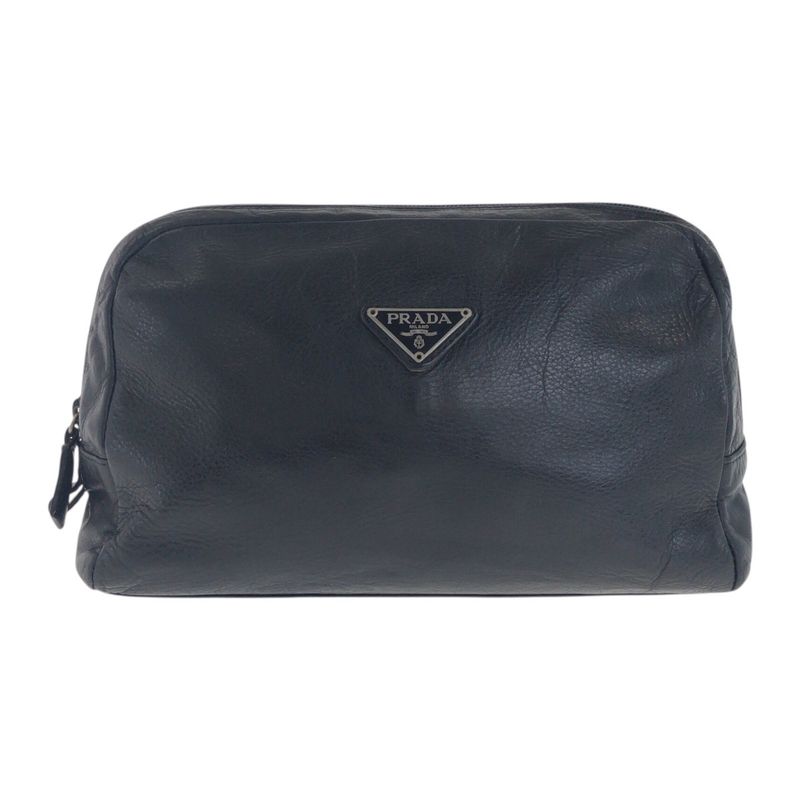Prada Triangle Logo Plate Black Silver Hardware Leather Pouch Makeup Pouch