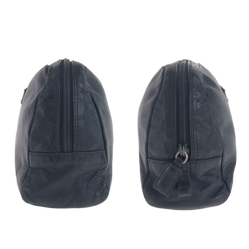 Prada Triangle Logo Plate Black Silver Hardware Leather Pouch Makeup Pouch