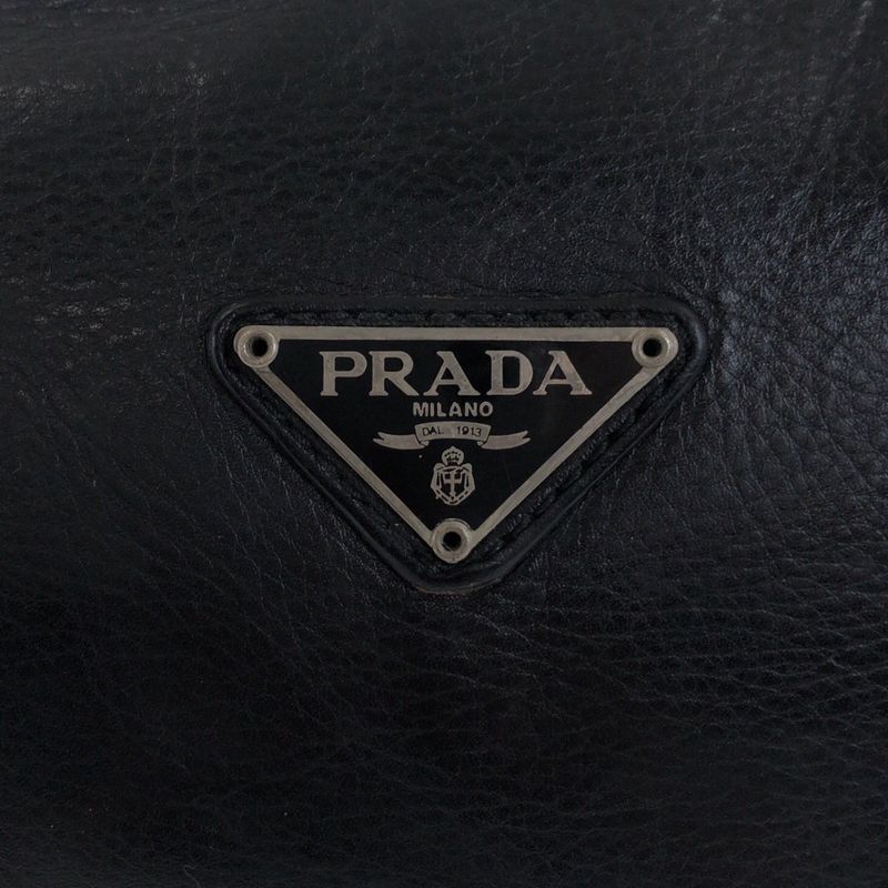 Prada Triangle Logo Plate Black Silver Hardware Leather Pouch Makeup Pouch