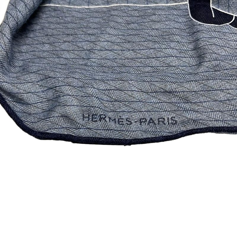 Hermes Shawl Rosange Navy Dark Navy and White Cashmere Silk