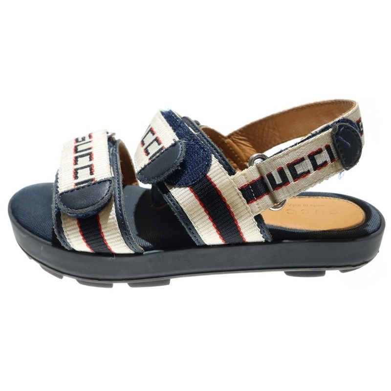 Gucci Logo Strap Velcro Flat Sandals Shoes Beige Navy Kids