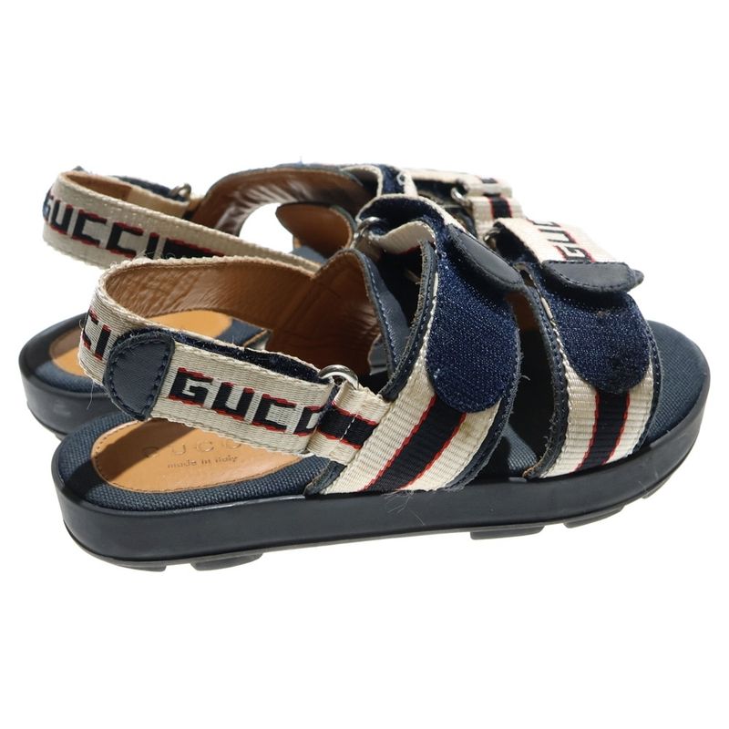 Gucci Logo Strap Velcro Flat Sandals Shoes Beige Navy Kids