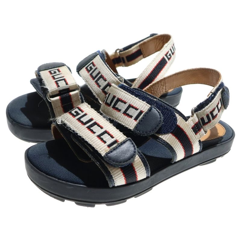 Gucci Logo Strap Velcro Flat Sandals Shoes Beige Navy Kids