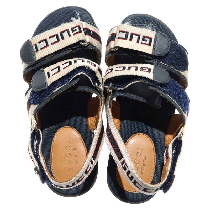 Gucci Logo Strap Velcro Flat Sandals Shoes Beige Navy Kids