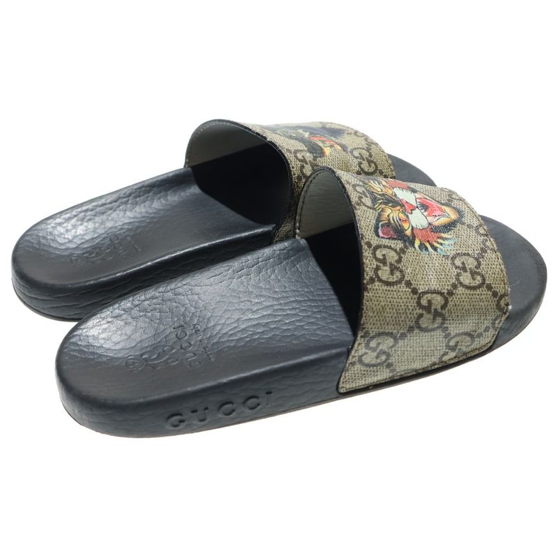 Gucci GG Supreme Taiga Wolf Print Slide Flat Sandals Beige Black Kids 508806