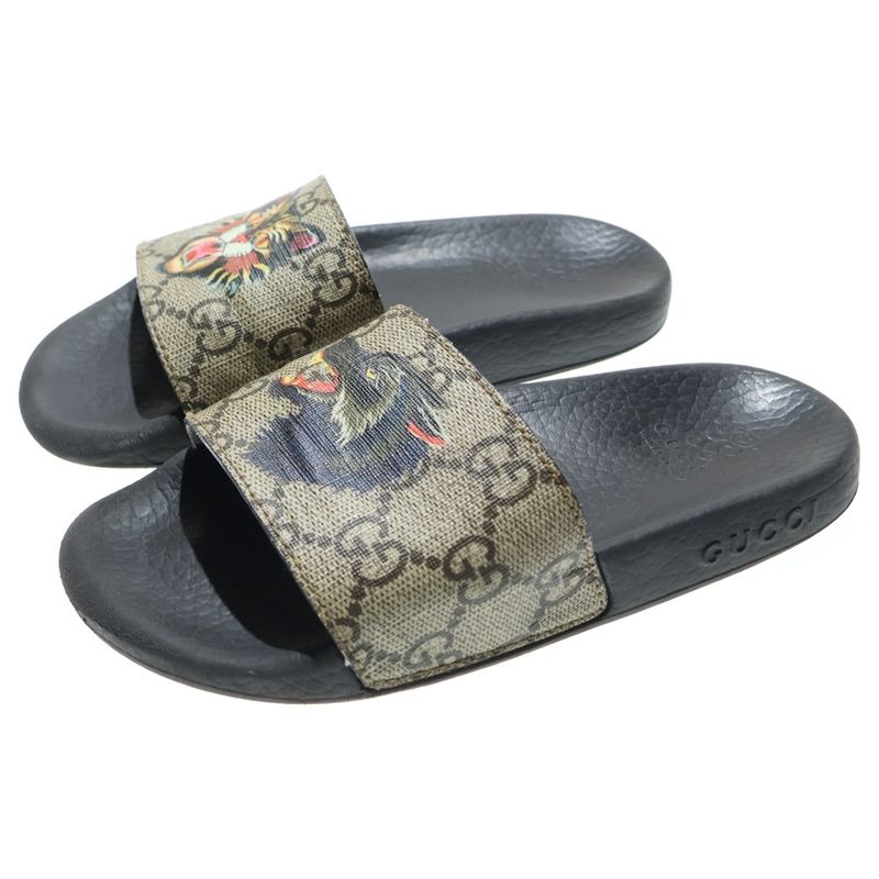 Gucci GG Supreme Taiga Wolf Print Slide Flat Sandals Beige Black Kids 508806
