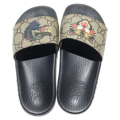 Gucci GG Supreme Taiga Wolf Print Slide Flat Sandals Beige Black Kids 508806