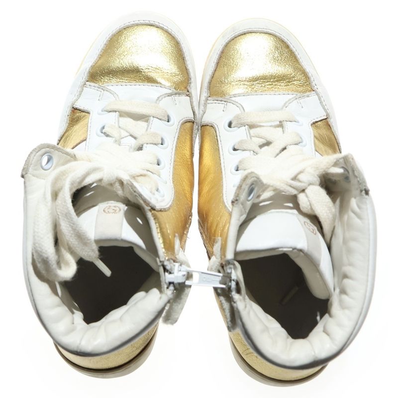 Gucci Metallic Combination Leather Lace-Up High-Cut Shoes Sneakers Gold White