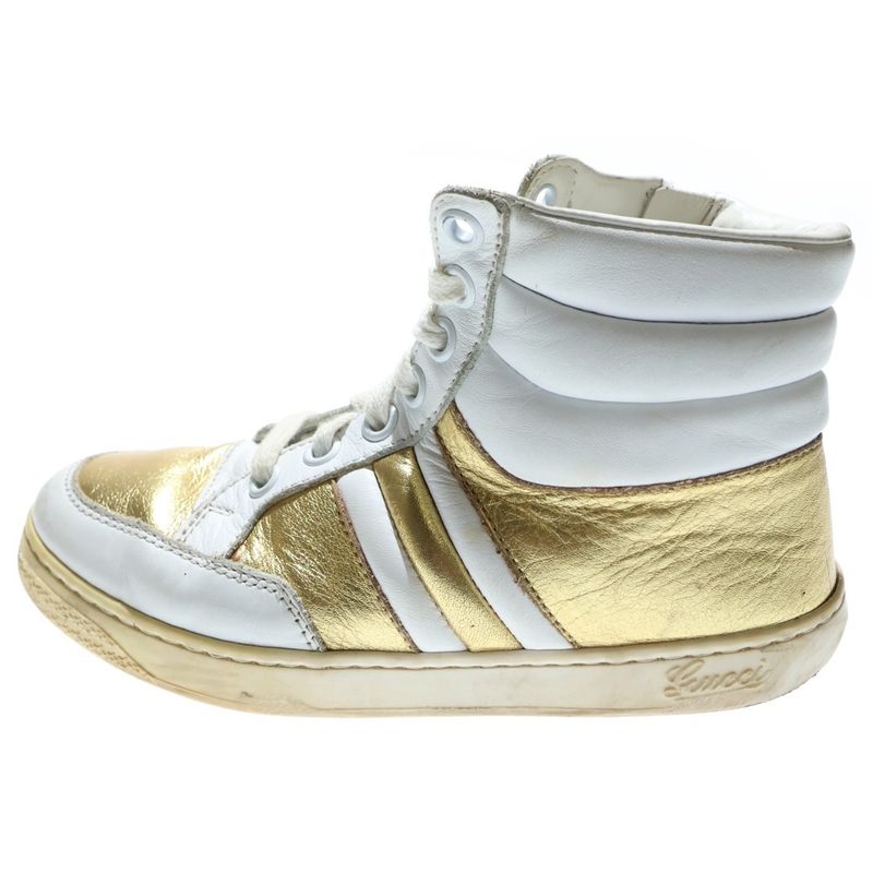 Gucci Metallic Combination Leather Lace-Up High-Cut Shoes Sneakers Gold White