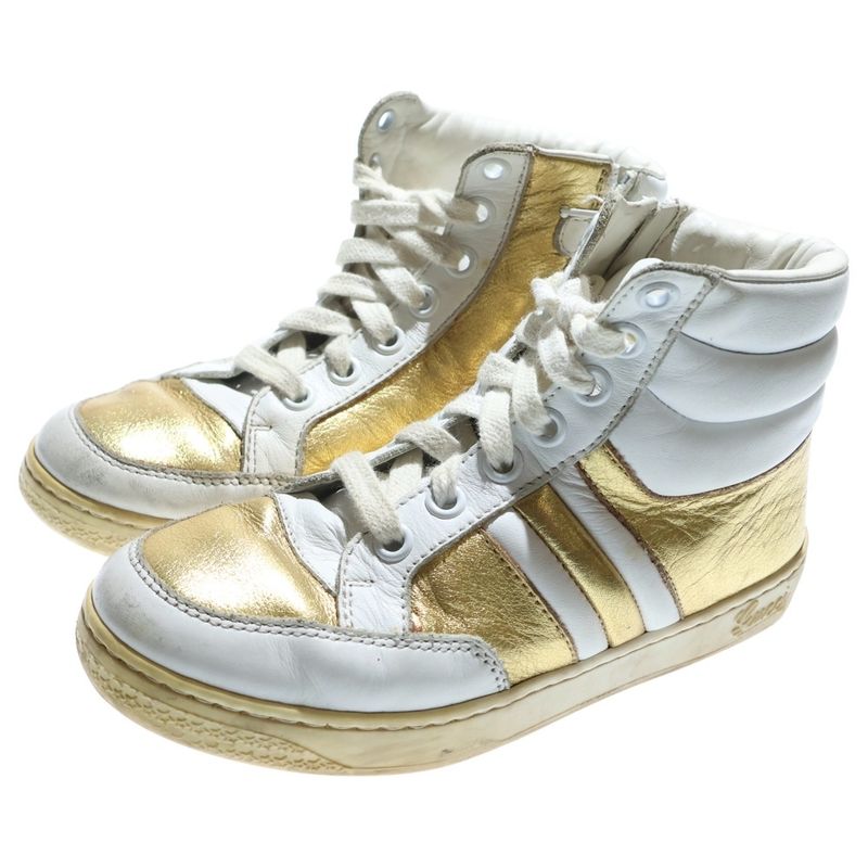 Gucci Metallic Combination Leather Lace-Up High-Cut Shoes Sneakers Gold White