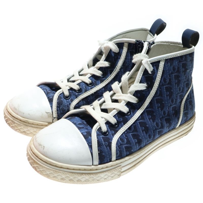 Dior Oblique Pattern Canvas Leather Lace Up High Cut Shoes Sneakers Navy Women