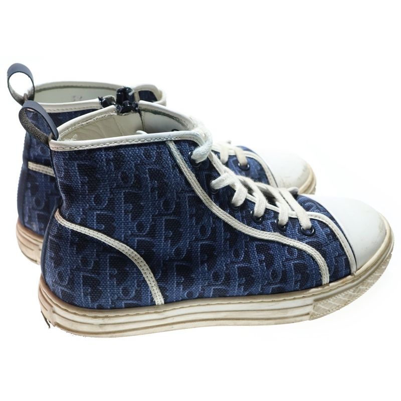 Dior Oblique Pattern Canvas Leather Lace Up High Cut Shoes Sneakers Navy Women