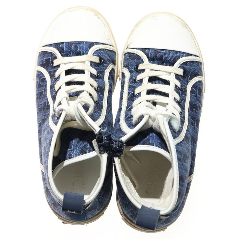 Dior Oblique Pattern Canvas Leather Lace Up High Cut Shoes Sneakers Navy Women