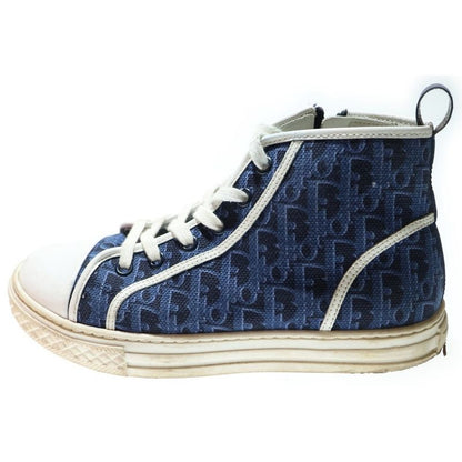 Dior Oblique Pattern Canvas Leather Lace Up High Cut Shoes Sneakers Navy Women