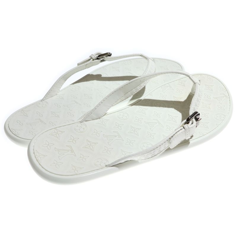 Louis Vuitton Monogram Leather Rubber Strap Flat Sandals Shoes White