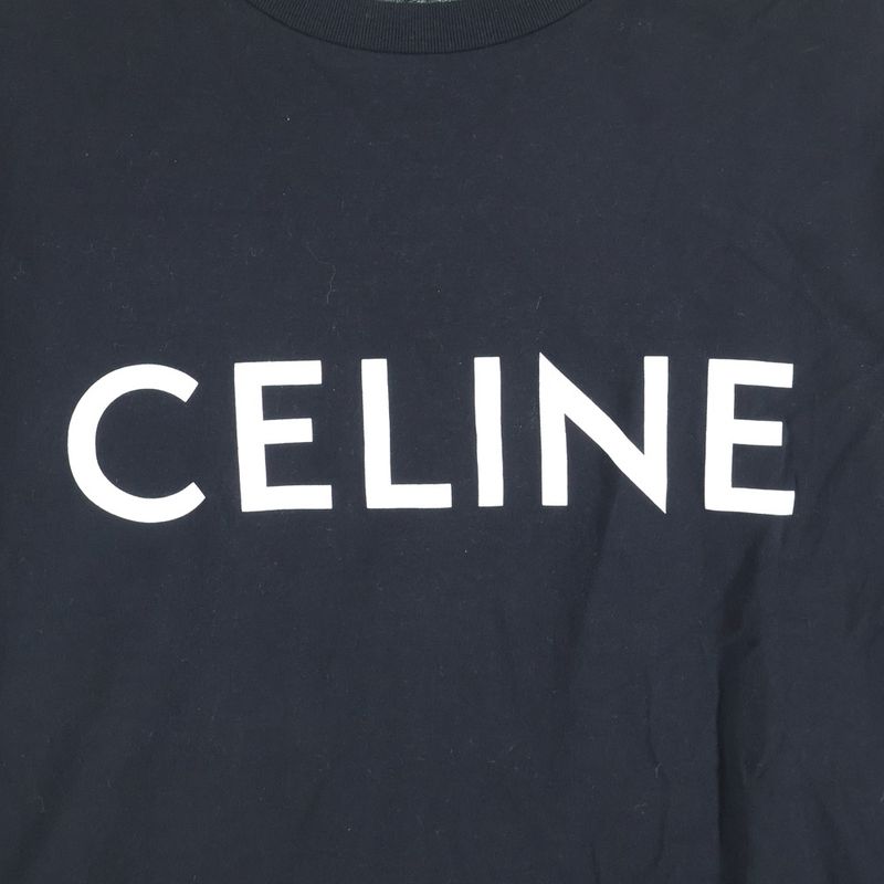 Celine Cotton Front Logo Print Short Sleeved T-Shirt Cut and Sewn Black