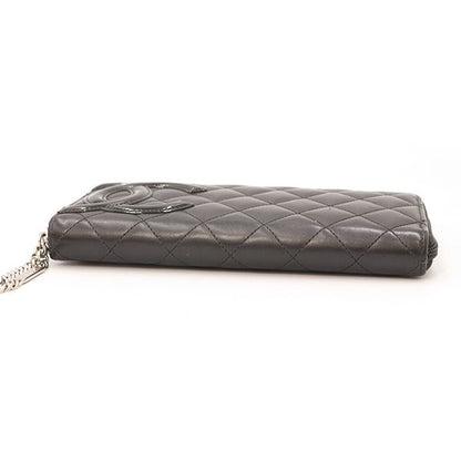 Chanel Black Pink Quilted Cambon Coco Mark Round Zipper Long Wallet Ladies
