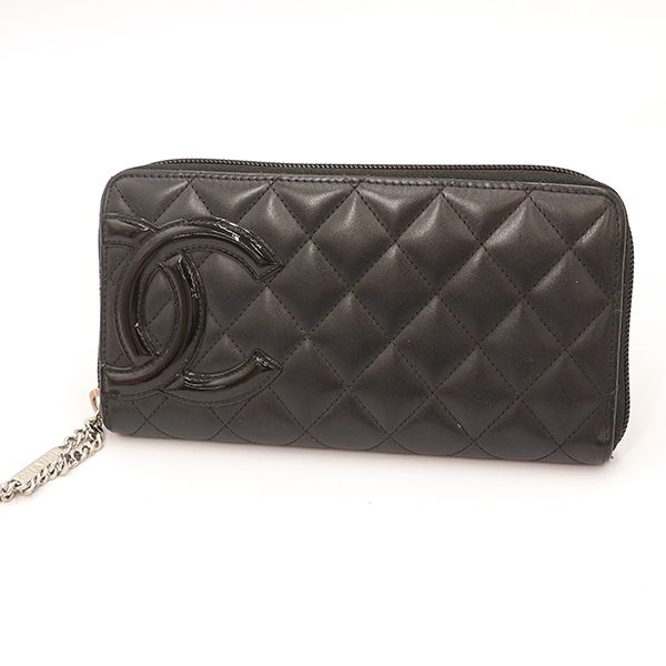 Chanel Black Pink Quilted Cambon Coco Mark Round Zipper Long Wallet Ladies