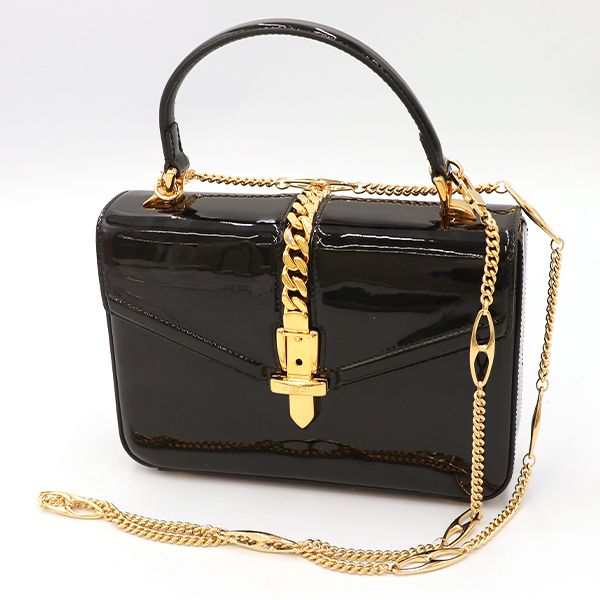 Excellent Condition" Gucci Black Patent Leather Sylvie 2way Handbag 589479