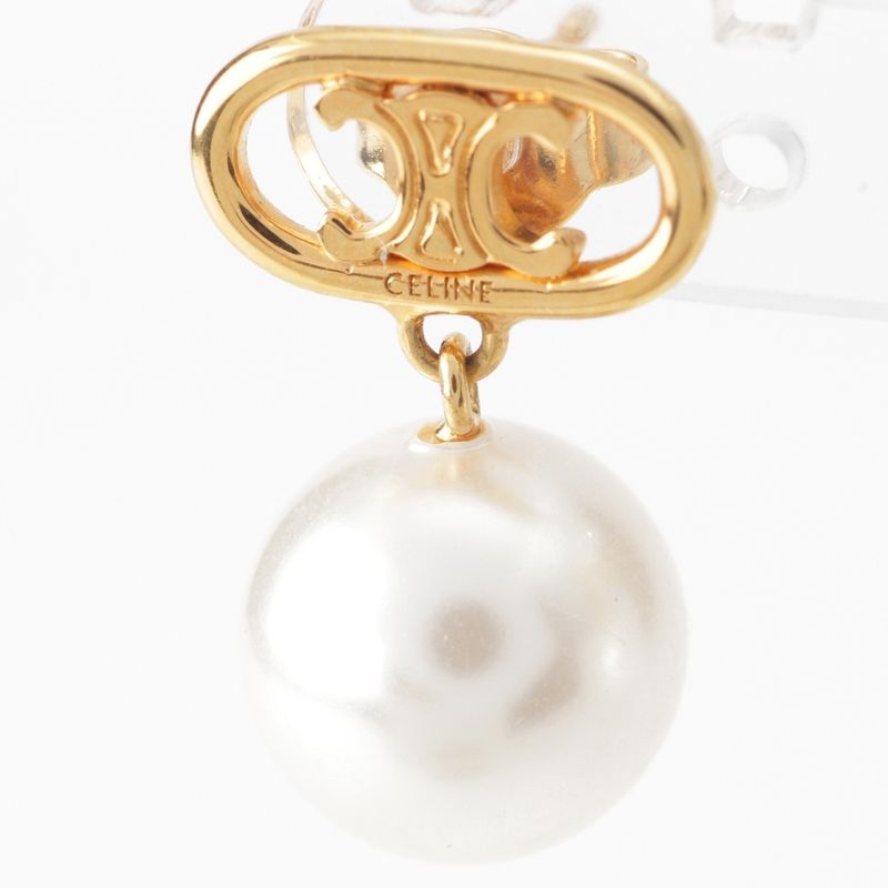 Celine Triomphe Glass Pearl Earrings Binaural Accessories GP Gold