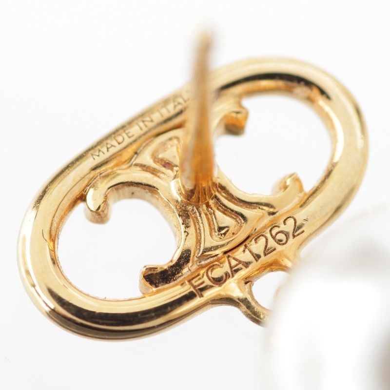 Celine Triomphe Glass Pearl Earrings Binaural Accessories GP Gold