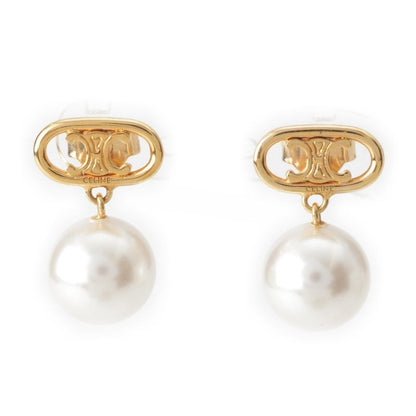 Celine Triomphe Glass Pearl Earrings Binaural Accessories GP Gold