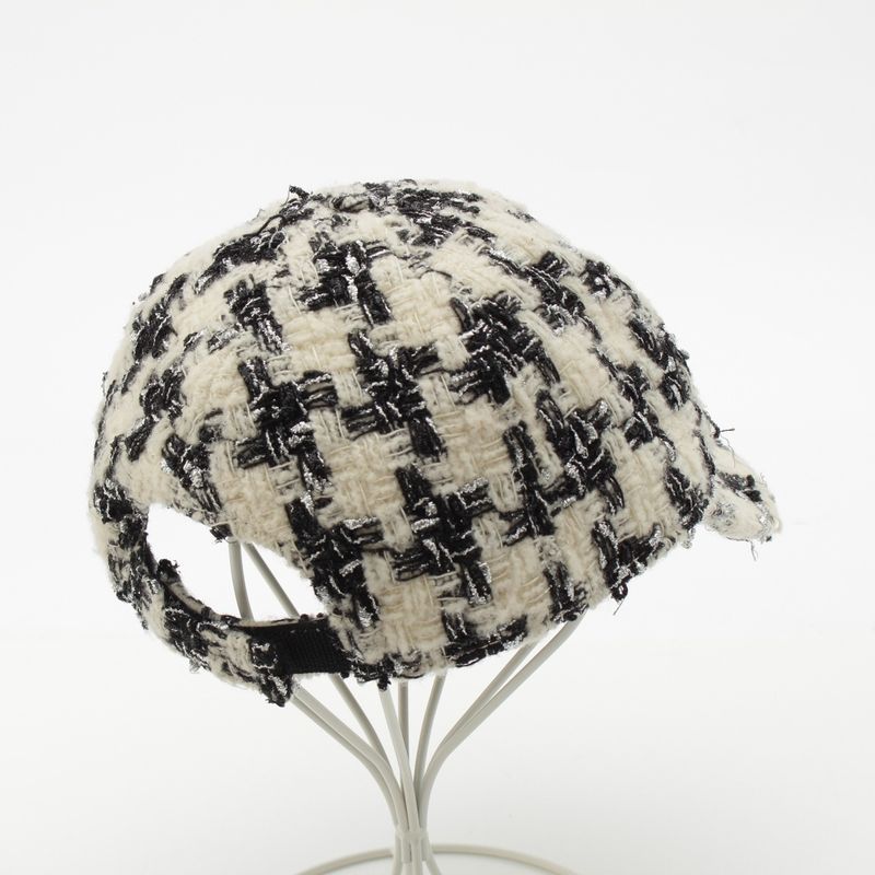 Chanel Wool Mix Tweed Coco Mark Plaid Baseball Cap Hat Black White M