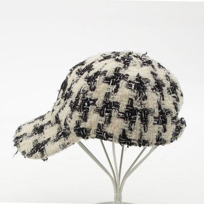 Chanel Wool Mix Tweed Coco Mark Plaid Baseball Cap Hat Black White M