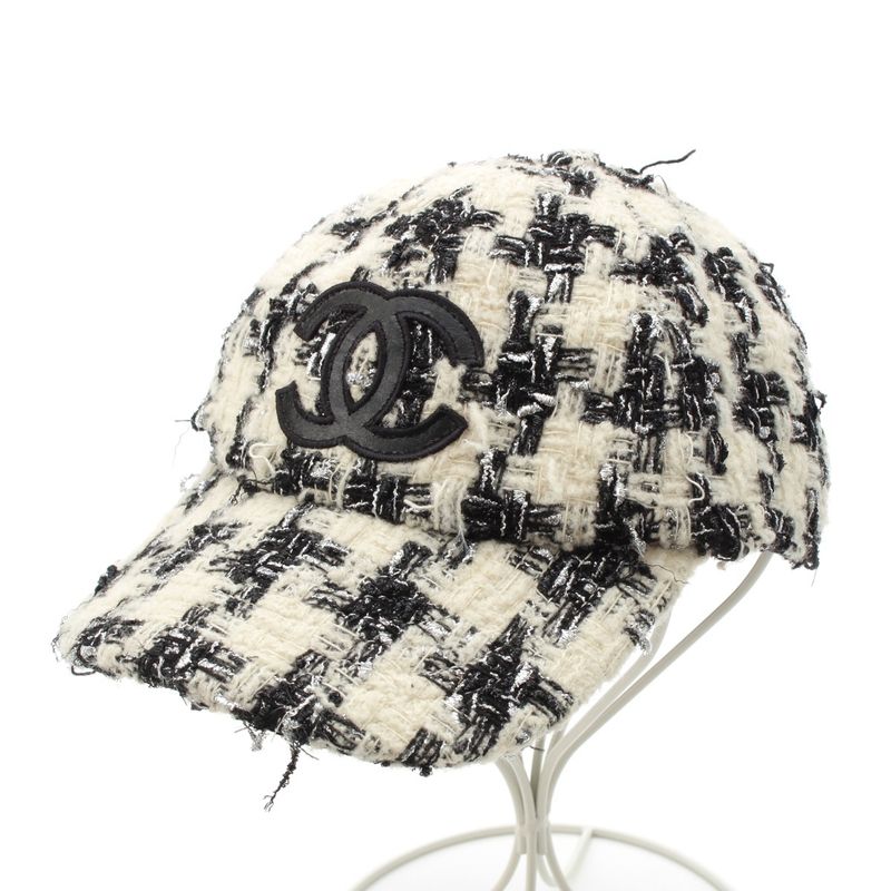 Chanel Wool Mix Tweed Coco Mark Plaid Baseball Cap Hat Black White M