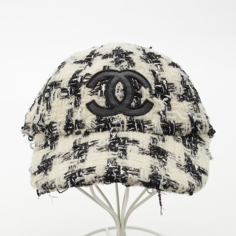 Chanel Wool Mix Tweed Coco Mark Plaid Baseball Cap Hat Black White M