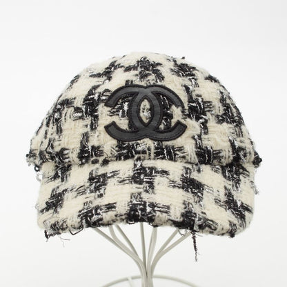 Chanel Wool Mix Tweed Coco Mark Plaid Baseball Cap Hat Black White M